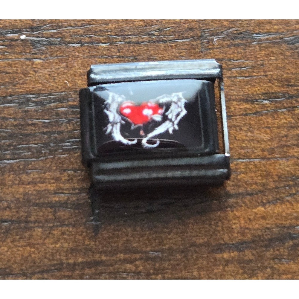Black Italian Charm Red Heart Barbed Wire Winged Gothic Stainless Steel 9mm Link